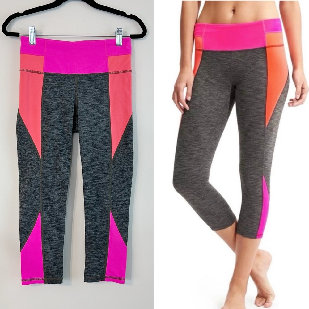 ATHLETA Chaturanga Colorblock Capri Crops Leggings Gray Neon Pink Orange Size XS